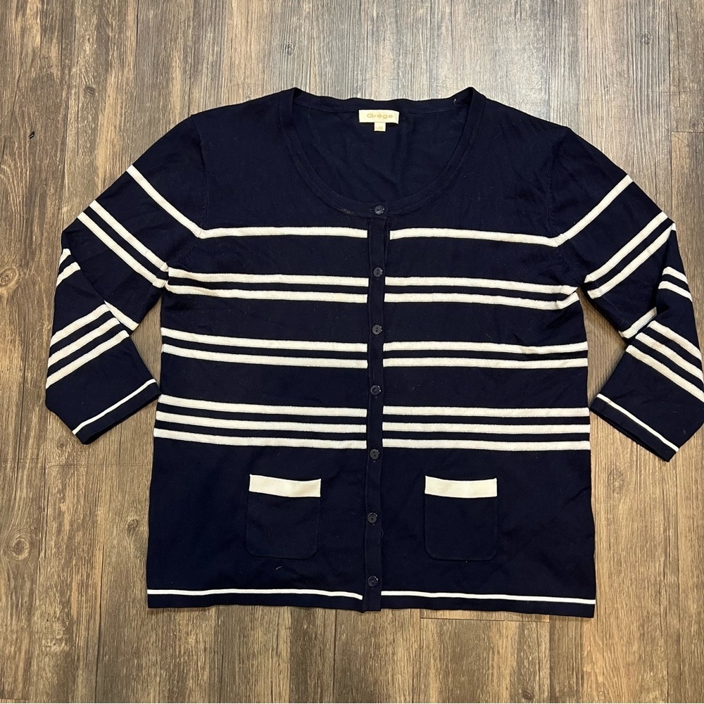 Grege Navy Blue White Stripe Button Up Short Knit Cardigan Sweater 1/4 Sleeve XL - Picture 3 of 10